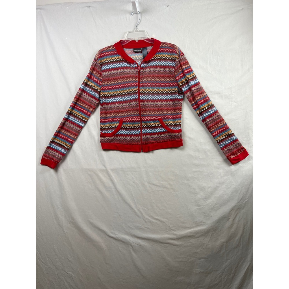 Bisou Bisou Sweater Womens Large Red Bomber Multicolor Chevron Zigzag Mesh Zip